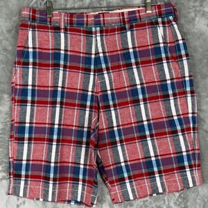J.Crew Mens Rivington 11" Plaid Shorts Red Blue White Cotton Linen 34 G4663 NWT